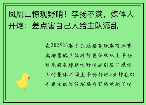 凤凰山惊现野哨！李扬不满，媒体人开炮：差点害自己人给主队添乱